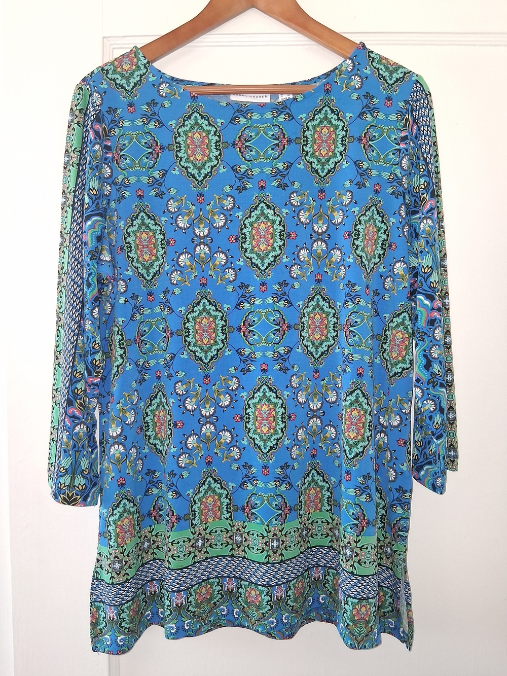 Susan Graver Tunic L Multicolor Medallion Print Long Sleeve Stretch